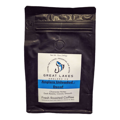 Great Lakes Anglers Decaf (12oz). Rich Colombian decaf coffee with notes of cocoa & dark raisin. Naturally decaffeinated.