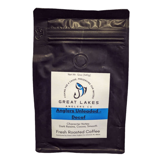 Great Lakes Anglers Decaf (12oz). Rich Colombian decaf coffee with notes of cocoa & dark raisin. Naturally decaffeinated.