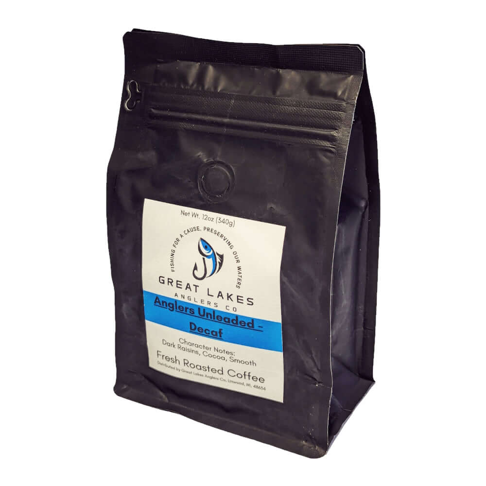 Great Lakes Anglers Decaf (12oz). Rich Colombian decaf coffee with notes of cocoa & dark raisin. Naturally decaffeinated.