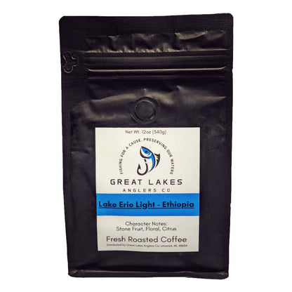 Great Lakes Anglers Lake Erie Light (12oz). Ethiopian Yirgacheffe. Vibrant, floral & citrusy notes. High altitude.