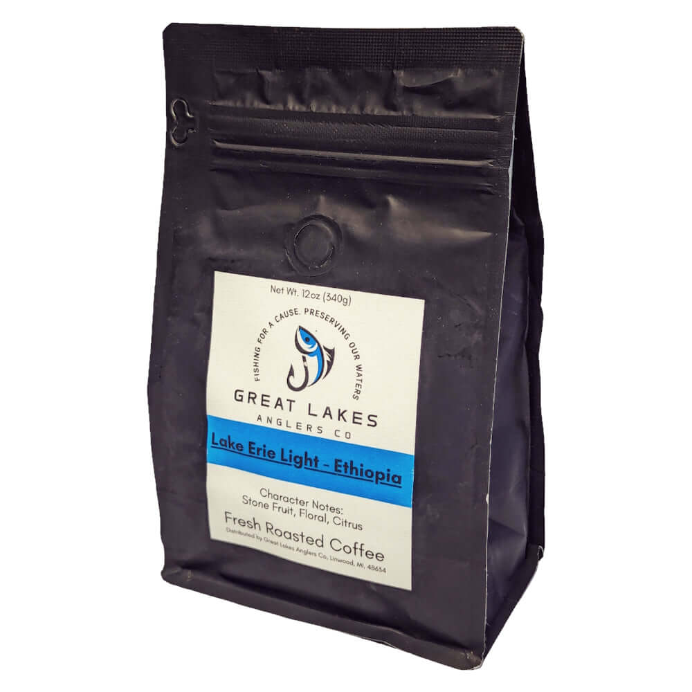 Great Lakes Anglers Lake Erie Light (12oz). Ethiopian Yirgacheffe. Vibrant, floral & citrusy notes. High altitude.