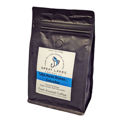 Great Lakes Anglers Lake Huron (12oz). Med. roast Colombian coffee. Vibrant & rich, Santa Maria region.