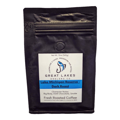 Great Lakes Anglers Lake Michigan Reserve (12oz). Dark roast Sumatra. Bold, smooth, dark chocolate & smoke.