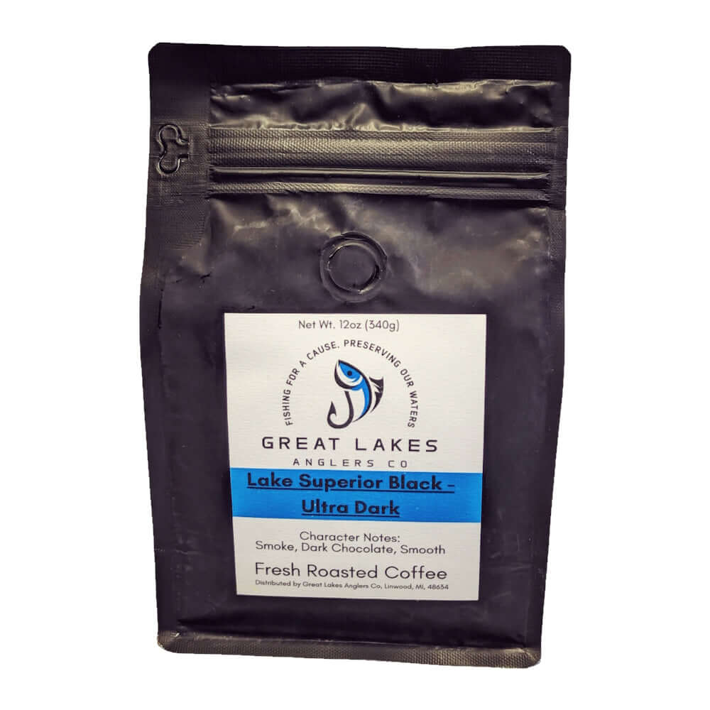 Great Lakes Anglers Lake Superior (12oz). Ultra-dark roast. Bold smoke, dark chocolate, very smooth.